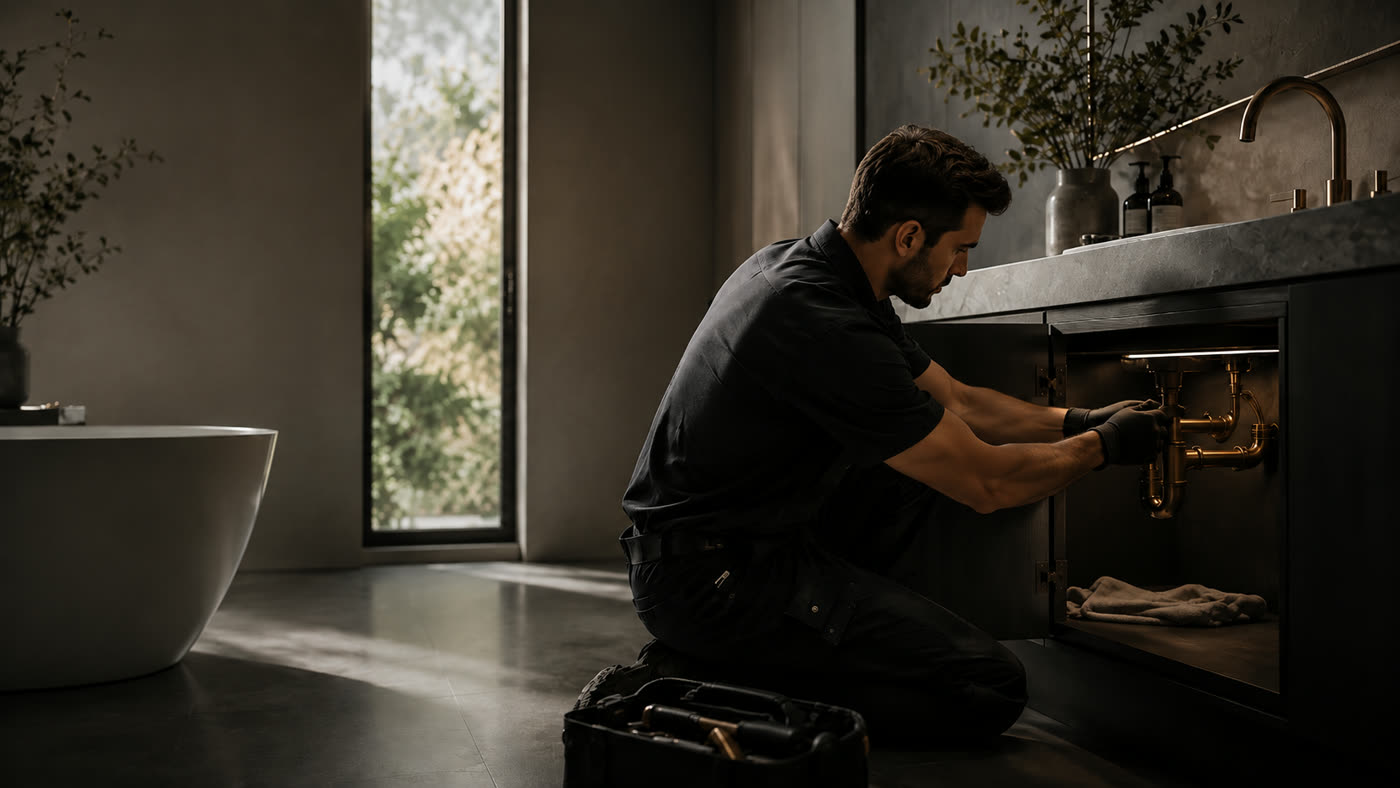 Northstar plumber working under a kitchen sink at night